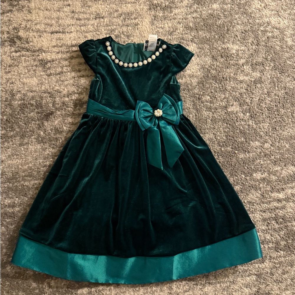 Rare Editions Teal Velvet Kids Dress with Pearl Details Holiday Outfit